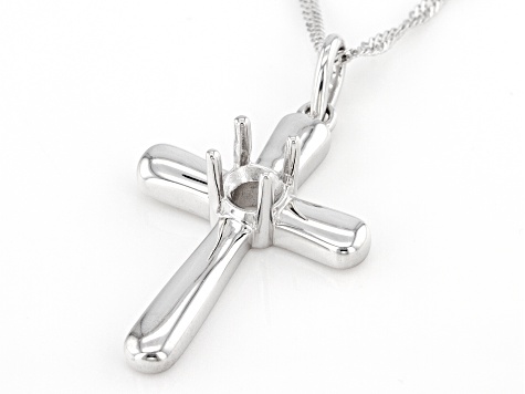 Rhodium Over Sterling Silver 5x5mm Round Semi-Mount Cross Pendant With Chain