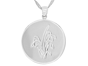 Rhodium Over Sterling Silver Round January Snow Drop Birth Flower Pendant With Chain