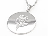 Rhodium Over Sterling Silver Round February Iris Birth Flower Pendant With Chain