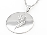 Rhodium Over Sterling Silver Round March Daffodil Birth Flower Pendant With Chain