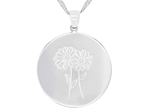 Rhodium Over Sterling Silver Round April Daisy Birth Flower Pendant With Chain