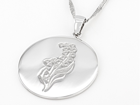 Rhodium Over Sterling Silver Round May Lily Of The Valley Birth Flower Pendant With Chain