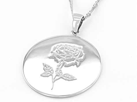 Rhodium Over Sterling Silver Round June Rose Birth Flower Pendant With Chain