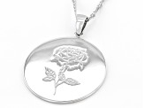 Rhodium Over Sterling Silver Round June Rose Birth Flower Pendant With Chain