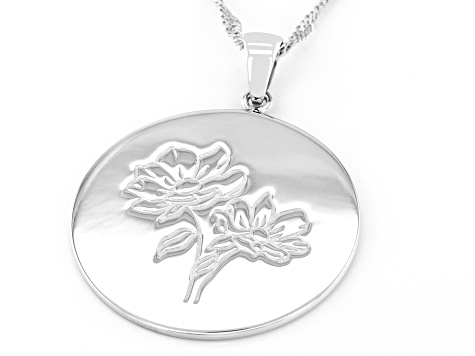 Rhodium Over Sterling Silver Round August Poppy Birth Flower Pendant With Chain