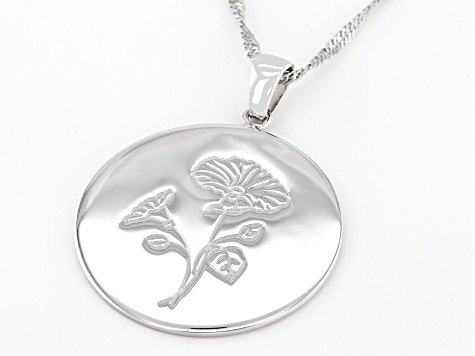 Rhodium Over Sterling Silver Round September Morning Glory Birth Flower Pendant With Chain