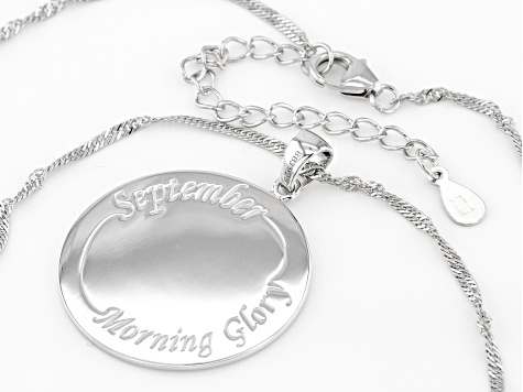 Rhodium Over Sterling Silver Round September Morning Glory Birth Flower Pendant With Chain