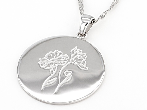 Rhodium Over Sterling Silver Round October Cosmos Birth Flower Pendant With Chain