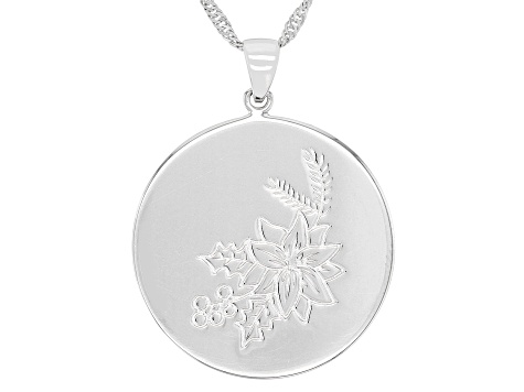 Rhodium Over Sterling Silver Round December Holly Birth Flower Pendant With Chain