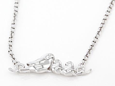 Rhodium Over Sterling Silver Momma Bird With Two Baby Chicks 18" Necklace