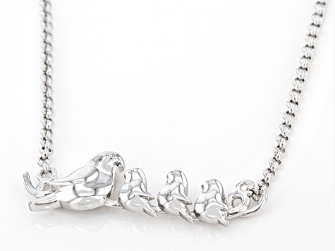 Rhodium Over Sterling Silver Momma Bird With Three Baby Chicks 18" Necklace