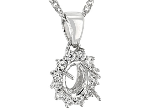 Rhodium Over Sterling Silver 8x6mm Oval Semi-Mount With White Zircon Halo Pendant With Chain