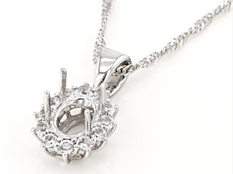Rhodium Over Sterling Silver 8x6mm Oval Semi-Mount With White Zircon Halo Pendant With Chain