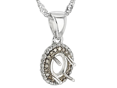 Rhodium Over Sterling Silver 7x5mm Oval Semi-Mount With White & Champagne Diamond Pendant/Chain