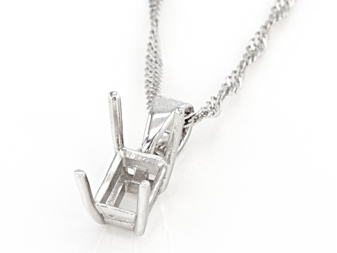 Rhodium Over Sterling Silver 7x5mm Emerald Cut Semi-Mount Solitaire Pendant With Chain