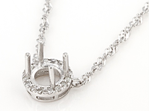 Rhodium Over Sterling Silver 6x6mm Round Semi-Mount With White Diamond Halo 18" Necklace