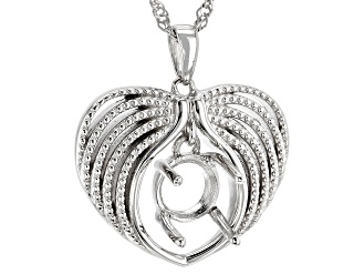 Rhodium Over Sterling Silver 8mm Round Floating Semi-Mount Heart Pendant With Chain