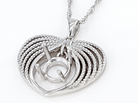 Rhodium Over Sterling Silver 8mm Round Floating Semi-Mount Heart Pendant With Chain