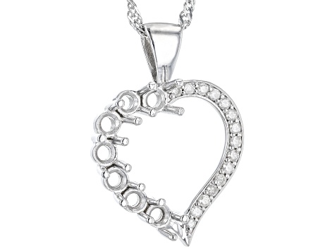 Rhodium Over Sterling Silver 3mm Round 7-Stone Heart Pendant Semi-Mount With Chain 0.14ctw