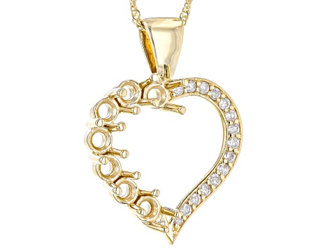14k Yellow Gold 3mm Round 7-Stone Heart Pendant Semi-Mount With Chain 0.14ctw