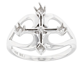 Rhodium Over Sterling Silver 2mm Round 4-Stone Cross Ring Semi-Mount With White Diamond 0.01ct