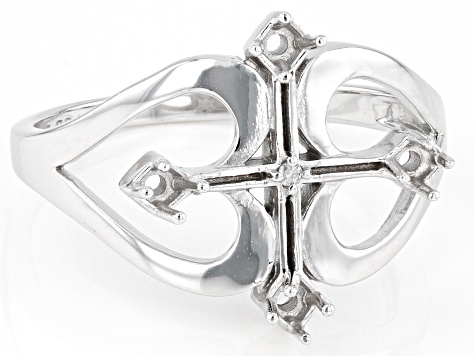 Rhodium Over Sterling Silver 2mm Round 4-Stone Cross Ring Semi-Mount With White Diamond 0.01ct