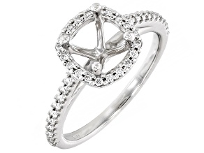 Rhodium Over 14K White Gold 6mm Cushion Halo Style Ring Semi-Mount With White Diamond Accent