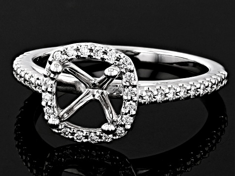 Rhodium Over 14K White Gold 8mm Cushion Halo Style Ring Semi-Mount With White Diamond Accent