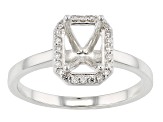 Sterling Silver 7x5mm Emerald Cut Halo Style Ring Semi-Mount With White Diamond Accent