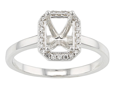 Sterling Silver 8x6mm Emerald Cut Halo Style Ring Semi-Mount With White Diamond Accent