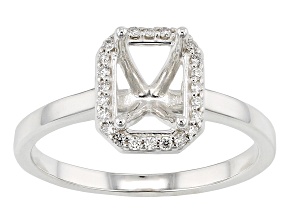 Sterling Silver 9x7mm Emerald Cut Halo Style Ring Semi-Mount With White Diamond Accent