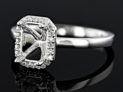 Sterling Silver 9x7mm Emerald Cut Halo Style Ring Semi-Mount With White Diamond Accent