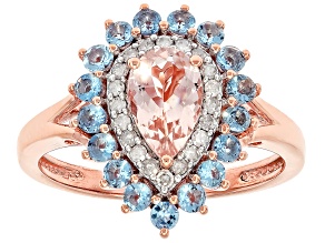 Peach Morganite With Santa Maria Aquamarine With White Diamond 10k Rose Gold Ring 1.23ctw
