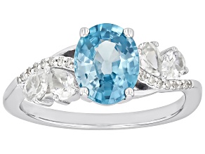 Blue Zircon With White Diamond And White Zircon Rhodium Over 10k White Gold Ring 3.56ctw