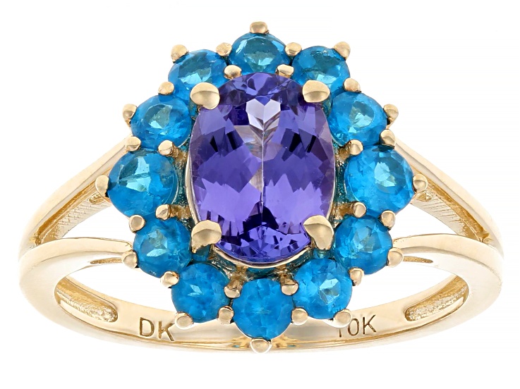 ◆TATA◆ Tanzanite With Neon Apatite 10k Yellow Gold Ring 1.69ctw