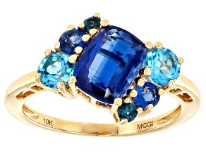 Blue Kyanite With Swiss Blue Topaz And London Blue Topaz 10k Yellow Gold Ring 2.42ctw