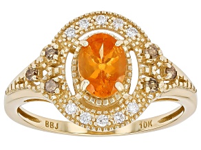 Spessartite With Lab Grown Diamond & Champagne Diamond 10k Yellow Gold Ring 0.96ctw
