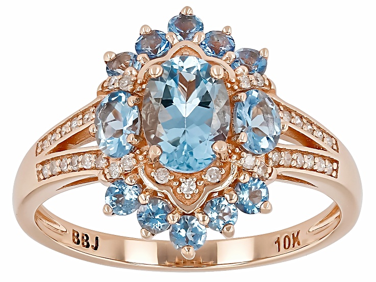 Blue Santa Maria Aquamarine With White Diamond 10k Rose Gold Blue Santa Maria Aquamarine With White Diamond 10k Rose Gold