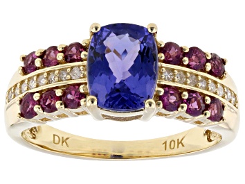 Picture of Tanzanite With Rhodolite and White Diamond 10k Yellow Gold Ring 1.86ctw