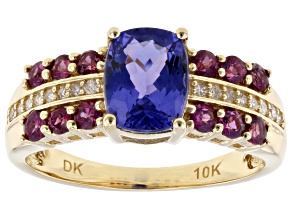 Tanzanite With Grape Color Garnet and White Diamond 10k Yellow Gold Ring 1.86ctw