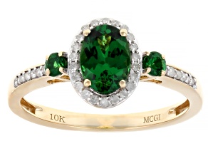 Green Tsavorite With White Diamond 10k Yellow Gold Ring 0.95ctw