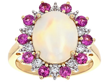 White Ethiopian Opal With White Diamond 10k Yellow Gold Ring 1.39ctw