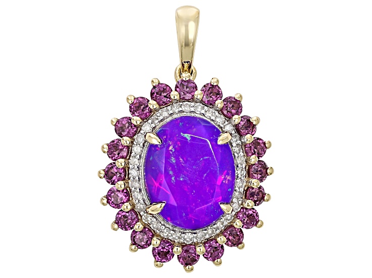 Purple Ethiopian Opal 10K Yellow Gold Halo Pendant 2.31ctw