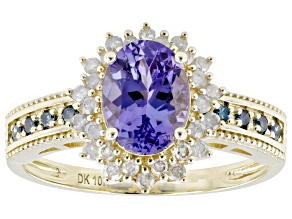 Blue Tanzanite With Blue Diamond And White Diamond 10k Yellow Gold Ring 1.37ctw