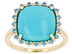 Sleeping Beauty Turquoise With Blue Lab Grown Diamond 10K Yellow Gold Ring 0.17ctw