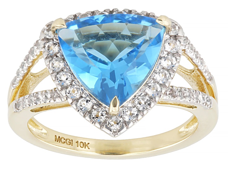Swiss Blue Topaz with White Topaz 10K Yellow Gold Halo Ring 4.50ctw
