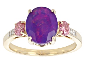 Purple Ethiopian Opal With Pink & White Moissanite 10K Yellow Gold Ring 1.81ctw