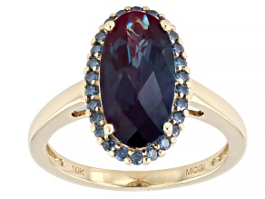 Blue Lab Created Alexandrite with Blue Moissanite 10K Yellow Gold Ring 3.69ctw