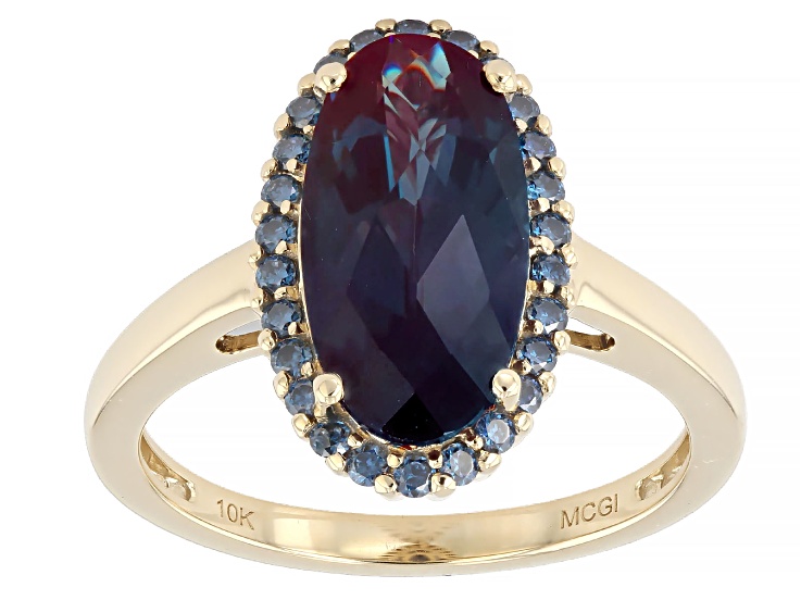 Blue Lab Created Alexandrite with Blue Moissanite 10K Yellow Gold Ring 3.69ctw