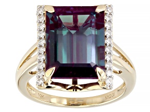 Blue Lab Created Alexandrite with White Moissanite 10K Yellow Gold Ring 8.79ctw